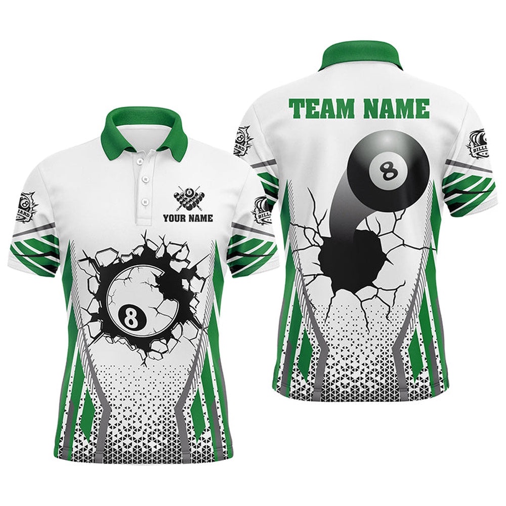 White Green 8 Ball Pool Cracked Wall Polo Shirts, Custom Billiard Attire Polo, Personalized Billiard Polo Shirt