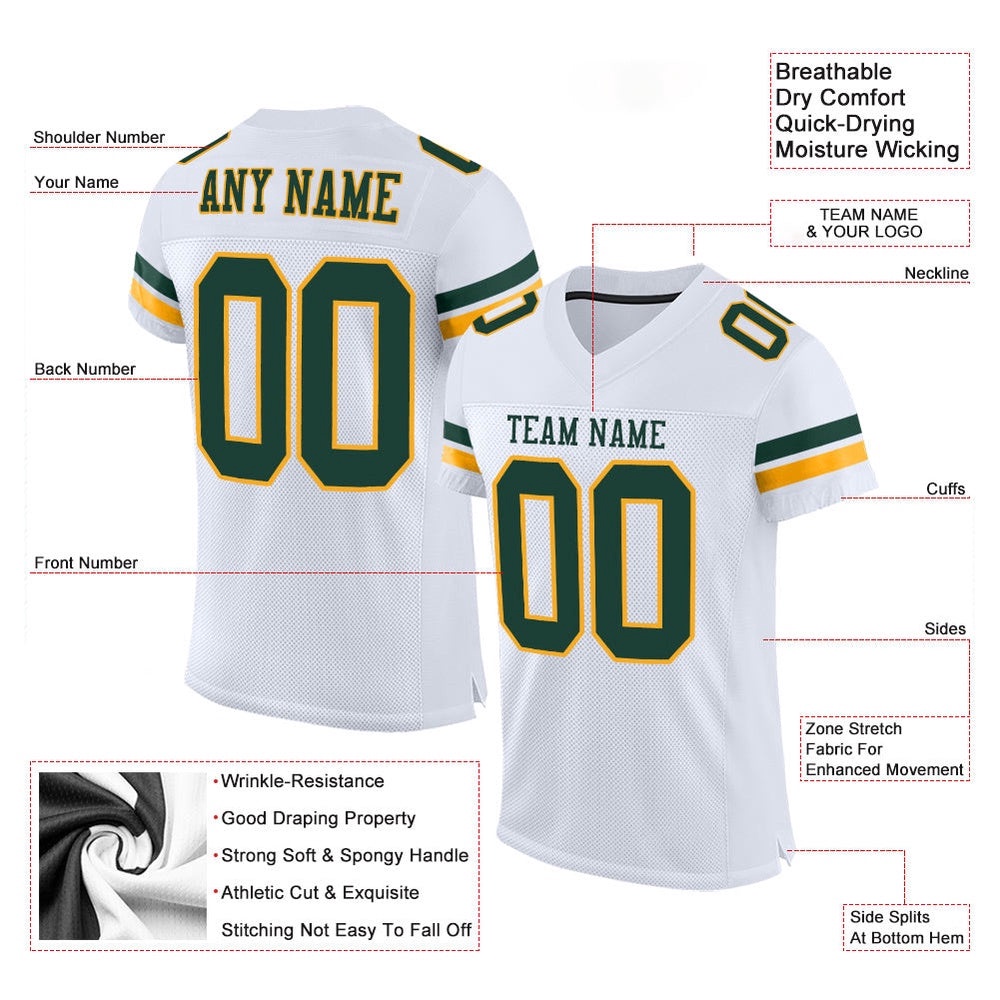 White Green Gold Mesh Authentic Football Jersey, Personalized Football Jersey, Football Team Jersey, Football Outfits