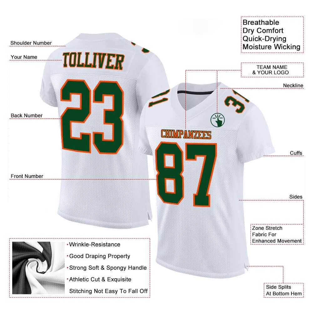 White Green Orange Mesh Authentic Football Jersey, Personalized Football Jersey, Football Team Jersey, Football Outfits