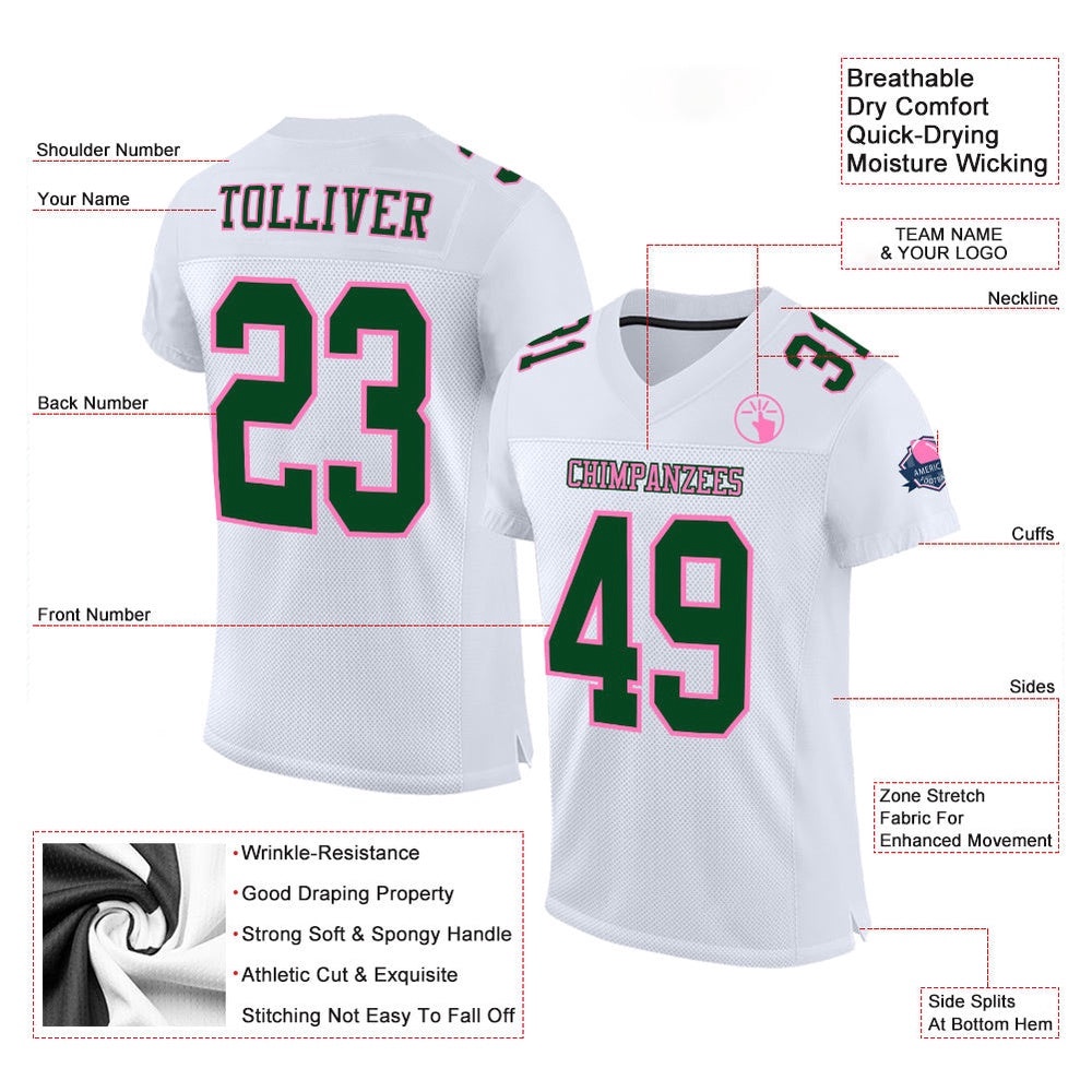 White Green Pink Mesh Authentic Football Jersey, Personalized Football Jersey, Football Team Jersey, Football Outfits
