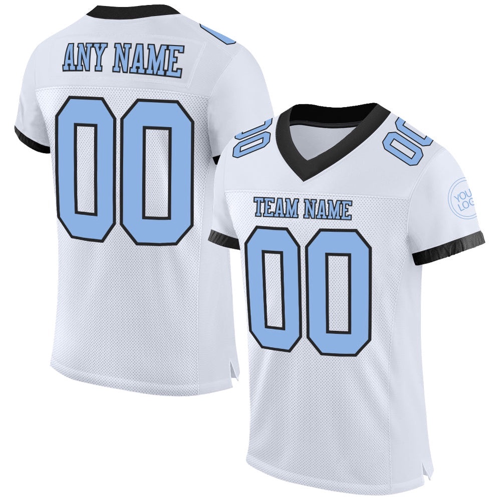 White Light Blue Black Mesh Authentic Football Jersey, Personalized Football Jersey, Football Team Jersey, Football Outfits