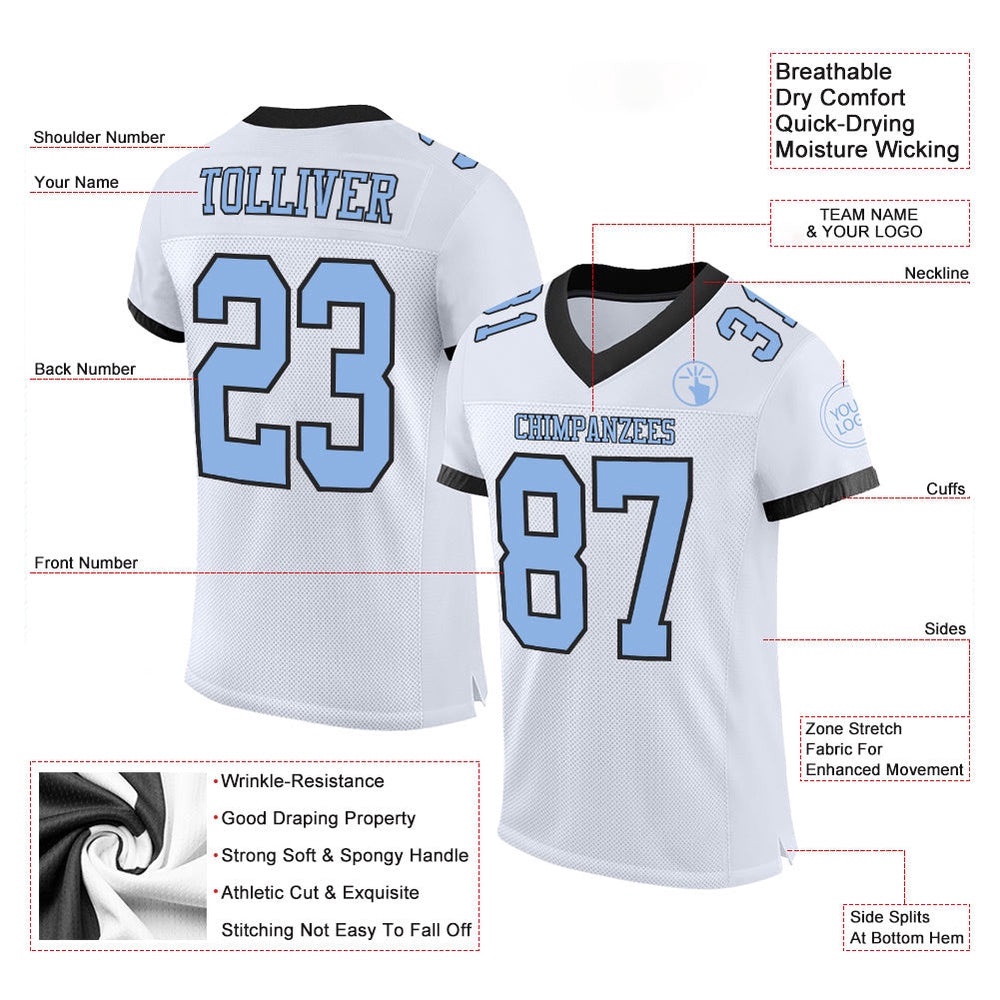 White Light Blue Black Mesh Authentic Football Jersey, Personalized Football Jersey, Football Team Jersey, Football Outfits