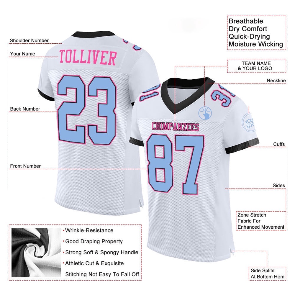 White Light Blue Black Pink Mesh Authentic Football Jersey, Personalized Football Jersey, Football Team Jersey, Football Outfits
