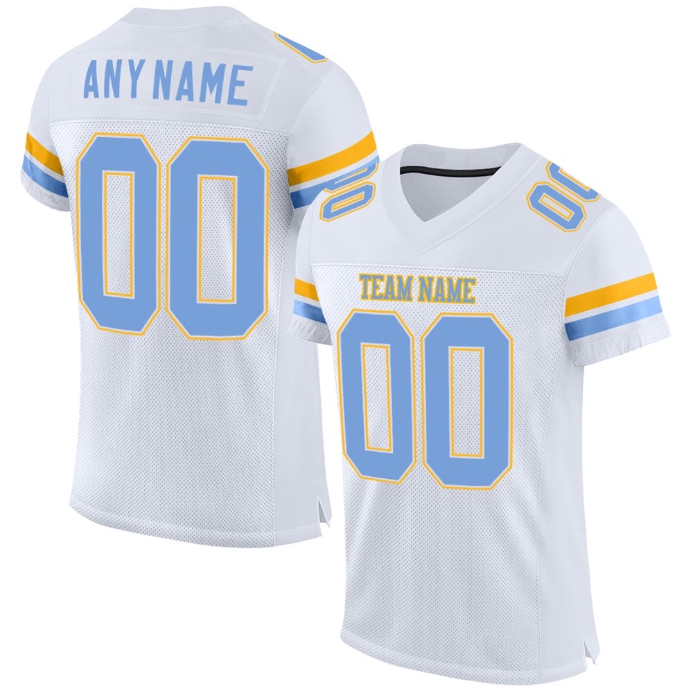 White Light Blue Gold Mesh Authentic Football Jersey, Personalized Football Jersey, Football Team Jersey, Football Outfits