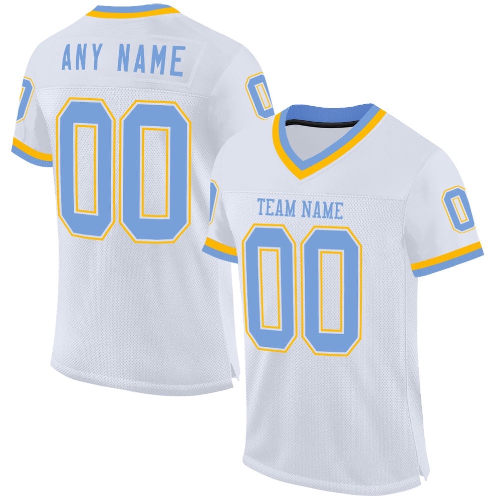 White Light Blue Gold Mesh Authentic Throwback Football Jersey, Personalized Football Jersey, Football Team Jersey, Football Outfits