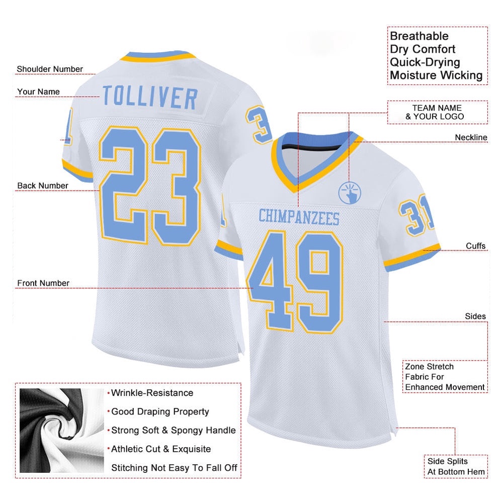 White Light Blue Gold Mesh Authentic Throwback Football Jersey, Personalized Football Jersey, Football Team Jersey, Football Outfits