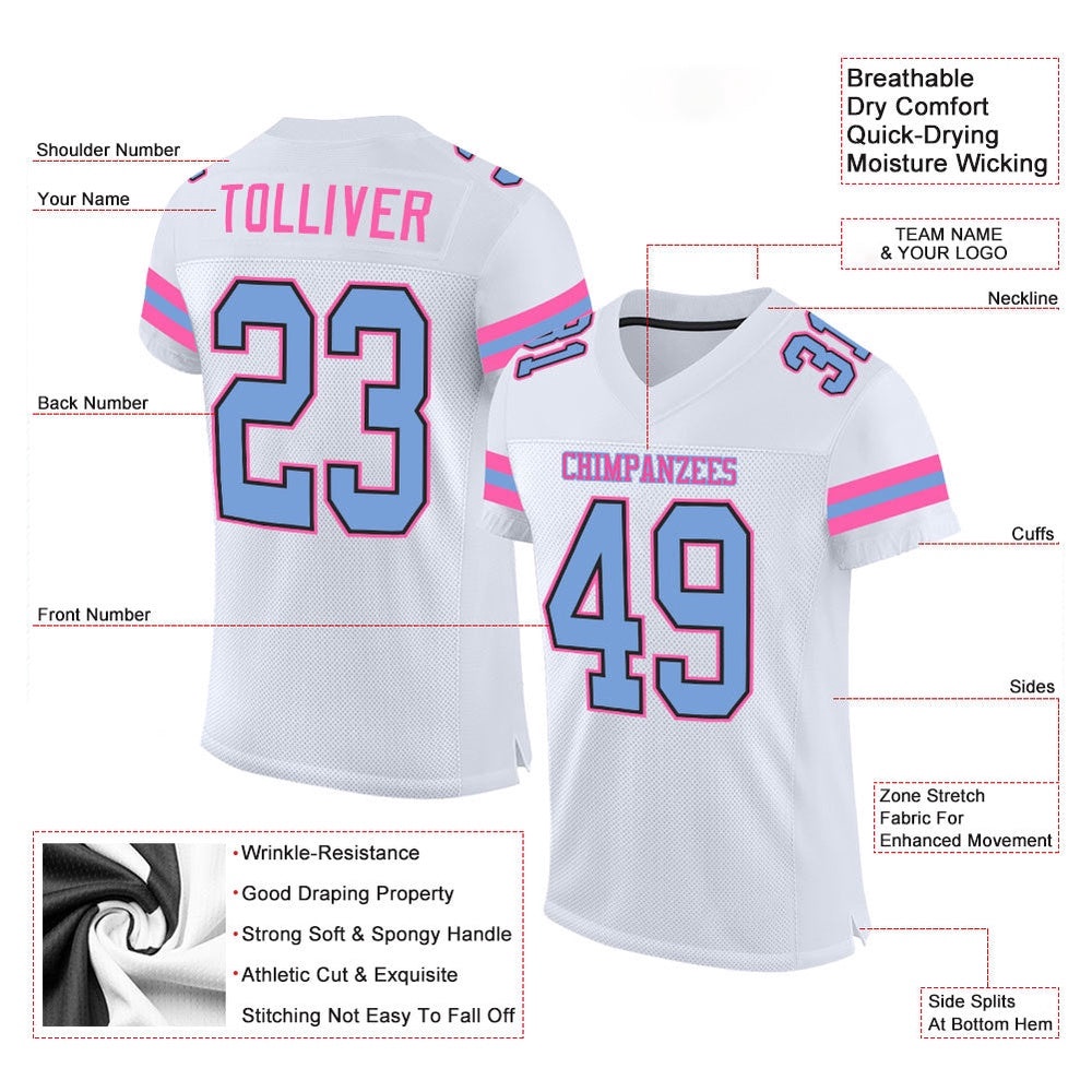 White Light Blue Pink Mesh Authentic Football Jersey, Personalized Football Jersey, Football Team Jersey, Football Outfits