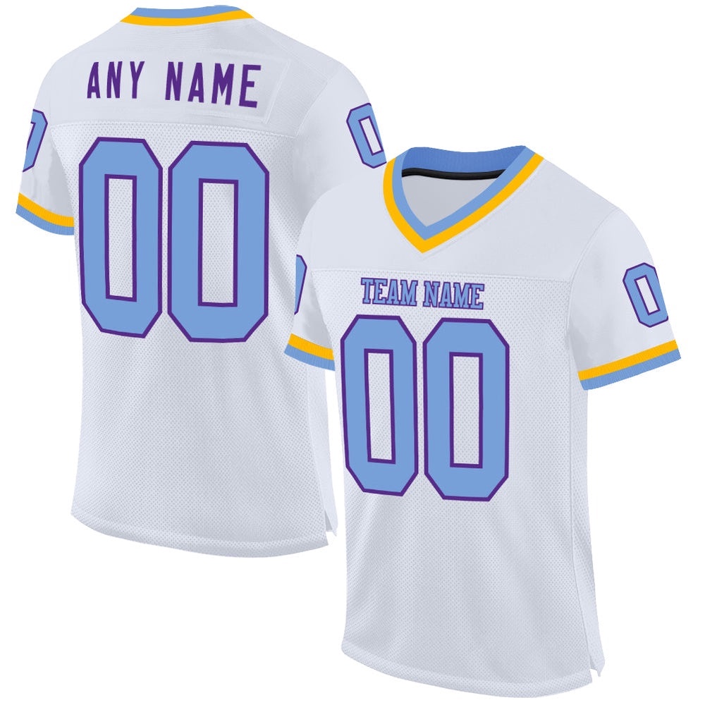White Light Blue Purple Gold Mesh Authentic Throwback Football Jersey, Personalized Football Jersey, Football Team Jersey, Football Outfits