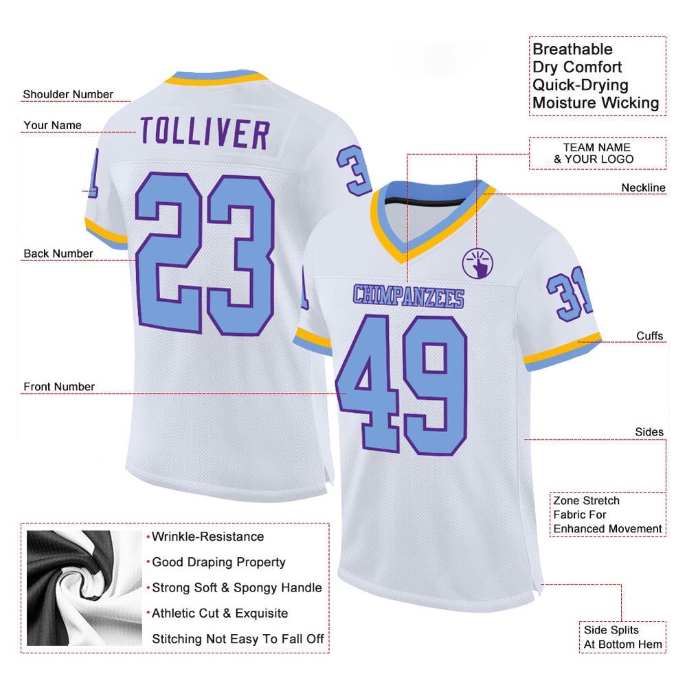 White Light Blue Purple Gold Mesh Authentic Throwback Football Jersey, Personalized Football Jersey, Football Team Jersey, Football Outfits