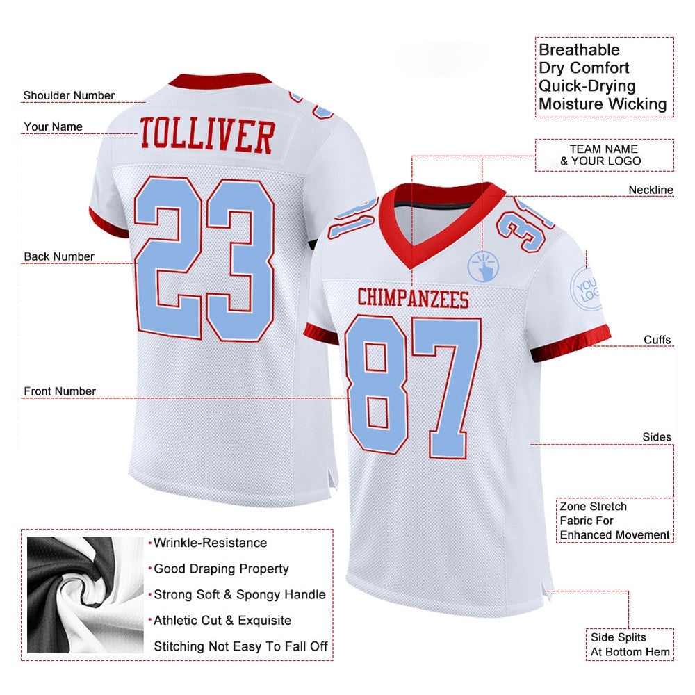 White Light Blue Red Mesh Authentic Football Jersey, Personalized Football Jersey, Football Team Jersey, Football Outfits