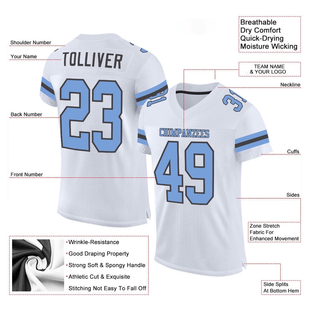 White Light Blue Steel Gray Mesh Authentic Football Jersey, Personalized Football Jersey, Football Team Jersey, Football Outfits