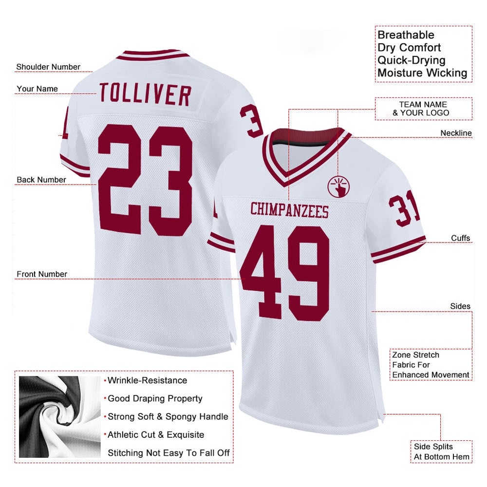 White Maroon Mesh Authentic Throwback Football Jersey, Personalized Football Jersey, Football Team Jersey, Football Outfits
