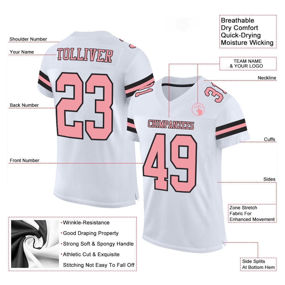 White Medium Pink Black Mesh Authentic Football Jersey, Personalized Football Jersey, Football Team Jersey, Football Outfits
