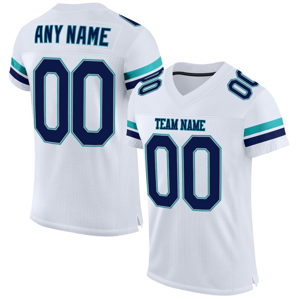 White Navy Aqua Mesh Authentic Football Jersey, Personalized Football Jersey, Football Team Jersey, Football Outfits