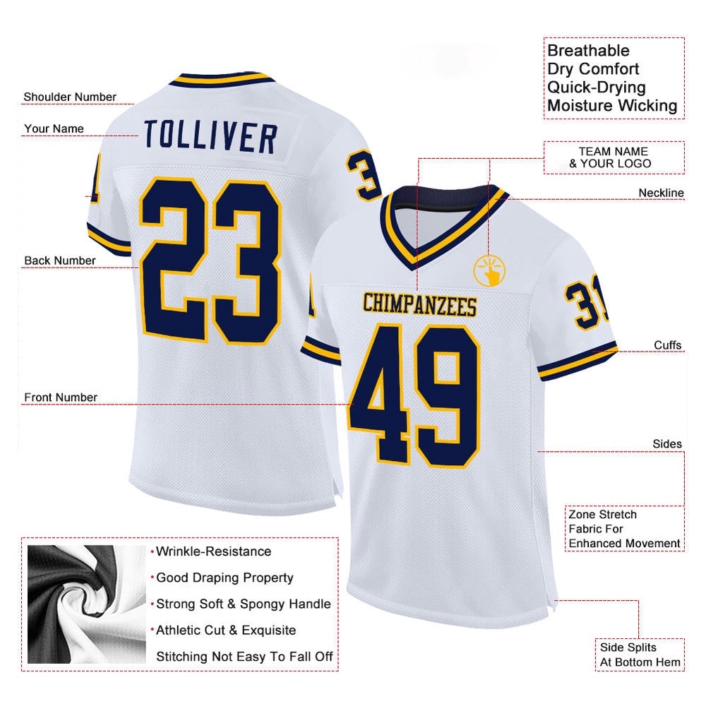 White Navy Gold Mesh Authentic Throwback Football Jersey, Personalized Football Jersey, Football Team Jersey, Football Outfits