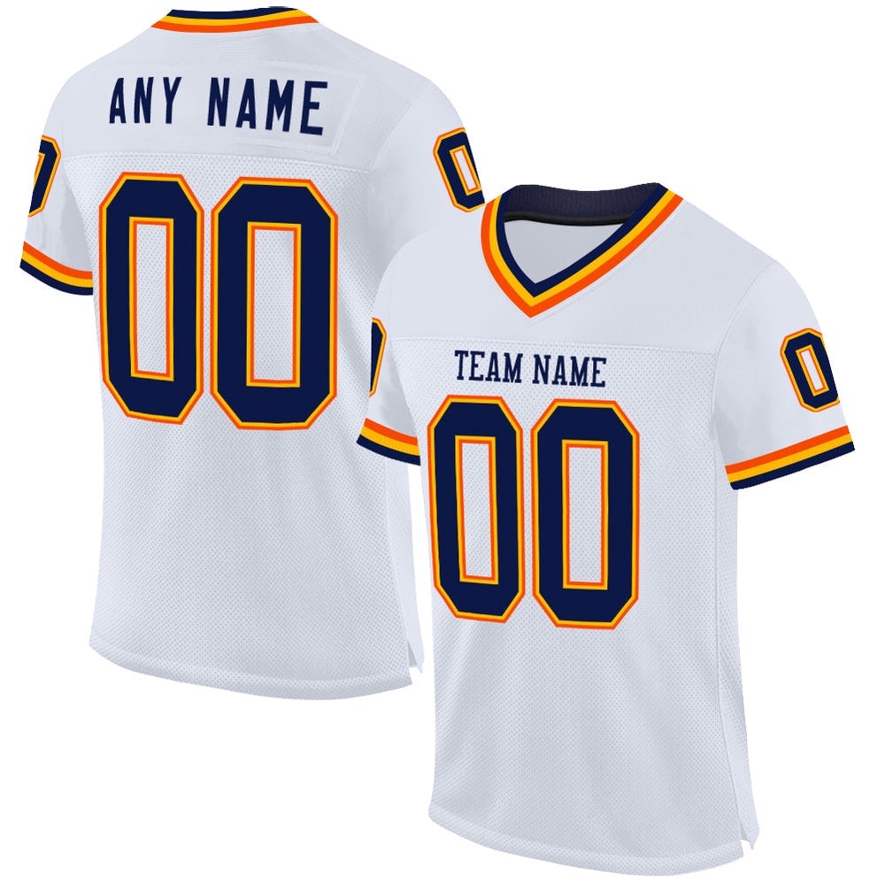 White Navy Gold Orange Mesh Authentic Throwback Football Jersey, Personalized Football Jersey, Football Team Jersey, Football Outfits
