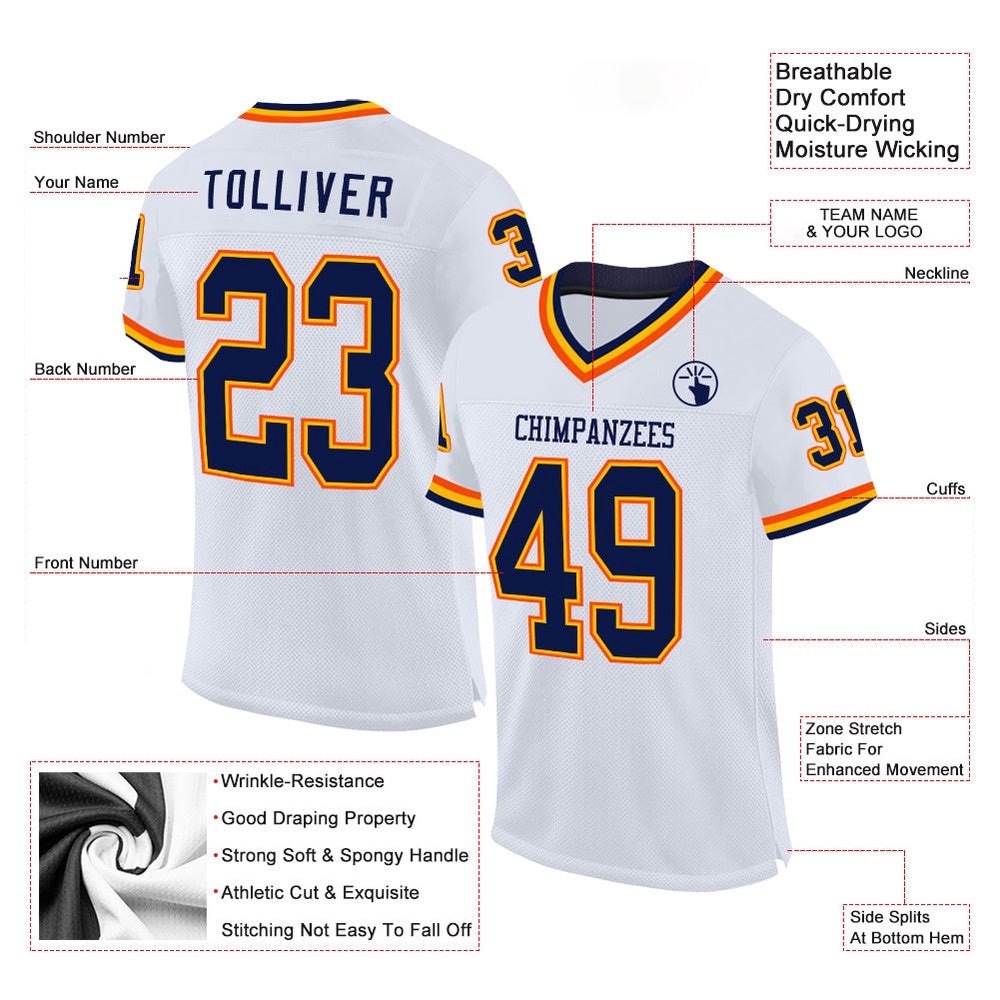 White Navy Gold Orange Mesh Authentic Throwback Football Jersey, Personalized Football Jersey, Football Team Jersey, Football Outfits