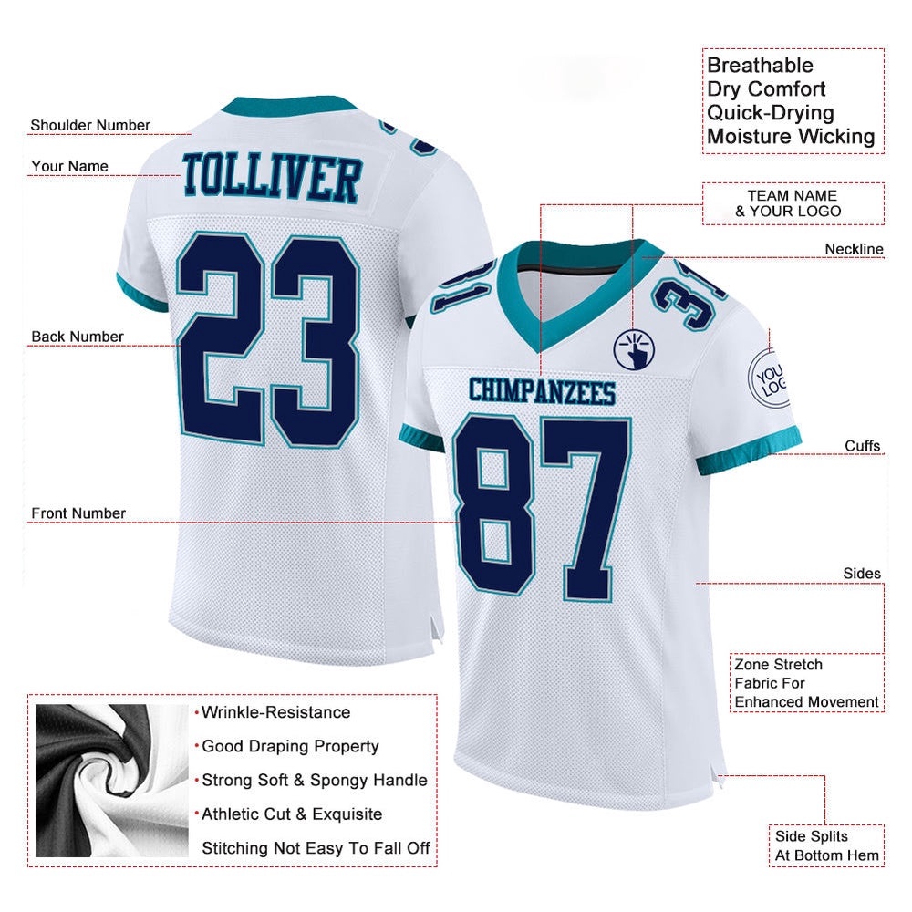 White Navy Gray Teal Mesh Authentic Football Jersey, Personalized Football Jersey, Football Team Jersey, Football Outfits