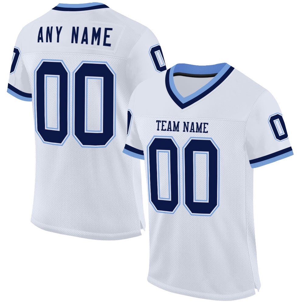 White Navy Light Blue Mesh Authentic Throwback Football Jersey, Personalized Football Jersey, Football Team Jersey, Football Outfits