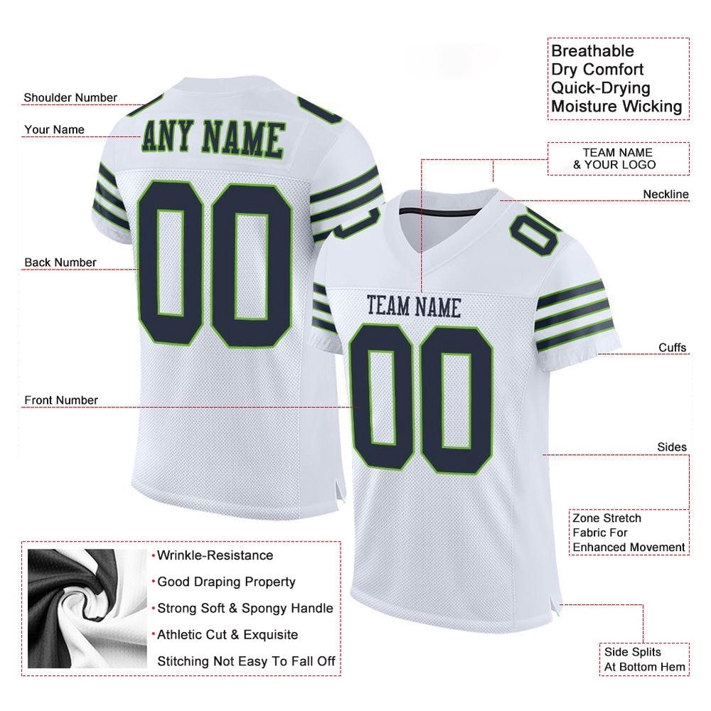 White Navy Neon Green Mesh Authentic Football Jersey, Personalized Football Jersey, Football Team Jersey, Football Outfits