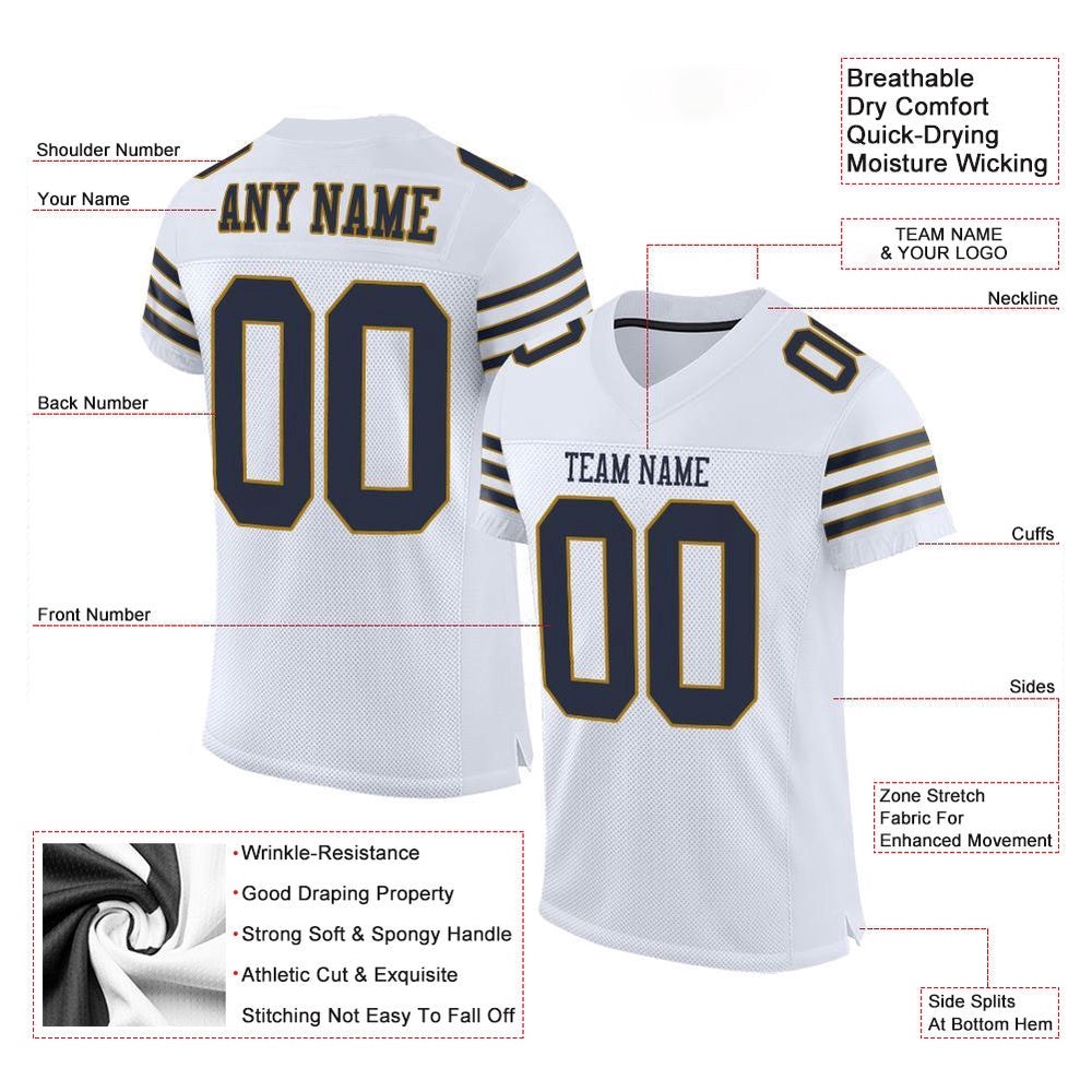White Navy Old Gold Mesh Authentic Football Jersey, Personalized Football Jersey, Football Team Jersey, Football Outfits