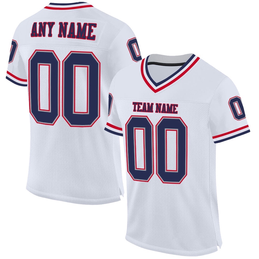 White Navy Red Mesh Authentic Throwback Football Jersey, Personalized Football Jersey, Football Team Jersey, Football Outfits