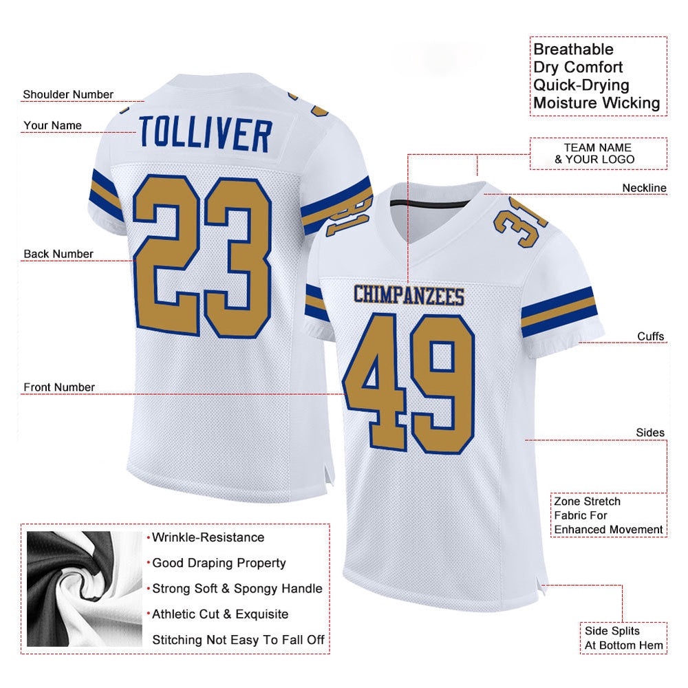 White Old Gold Royal Mesh Authentic Football Jersey, Personalized Football Jersey, Football Team Jersey, Football Outfits