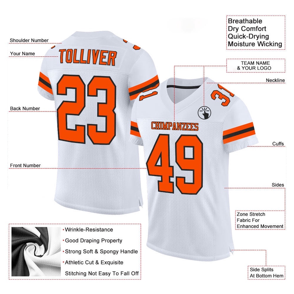 White Orange Black Mesh Authentic Football Jersey, Personalized Football Jersey, Football Team Jersey, Football Outfits