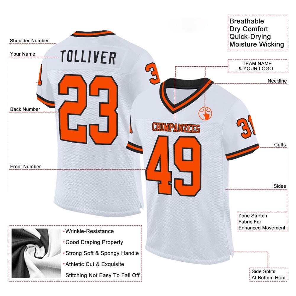White Orange Black Mesh Authentic Throwback Football Jersey, Personalized Football Jersey, Football Team Jersey, Football Outfits