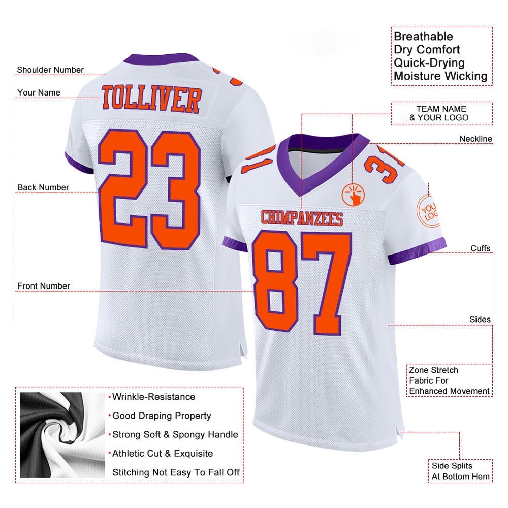 White Orange Purple Mesh Authentic Football Jersey, Personalized Football Jersey, Football Team Jersey, Football Outfits