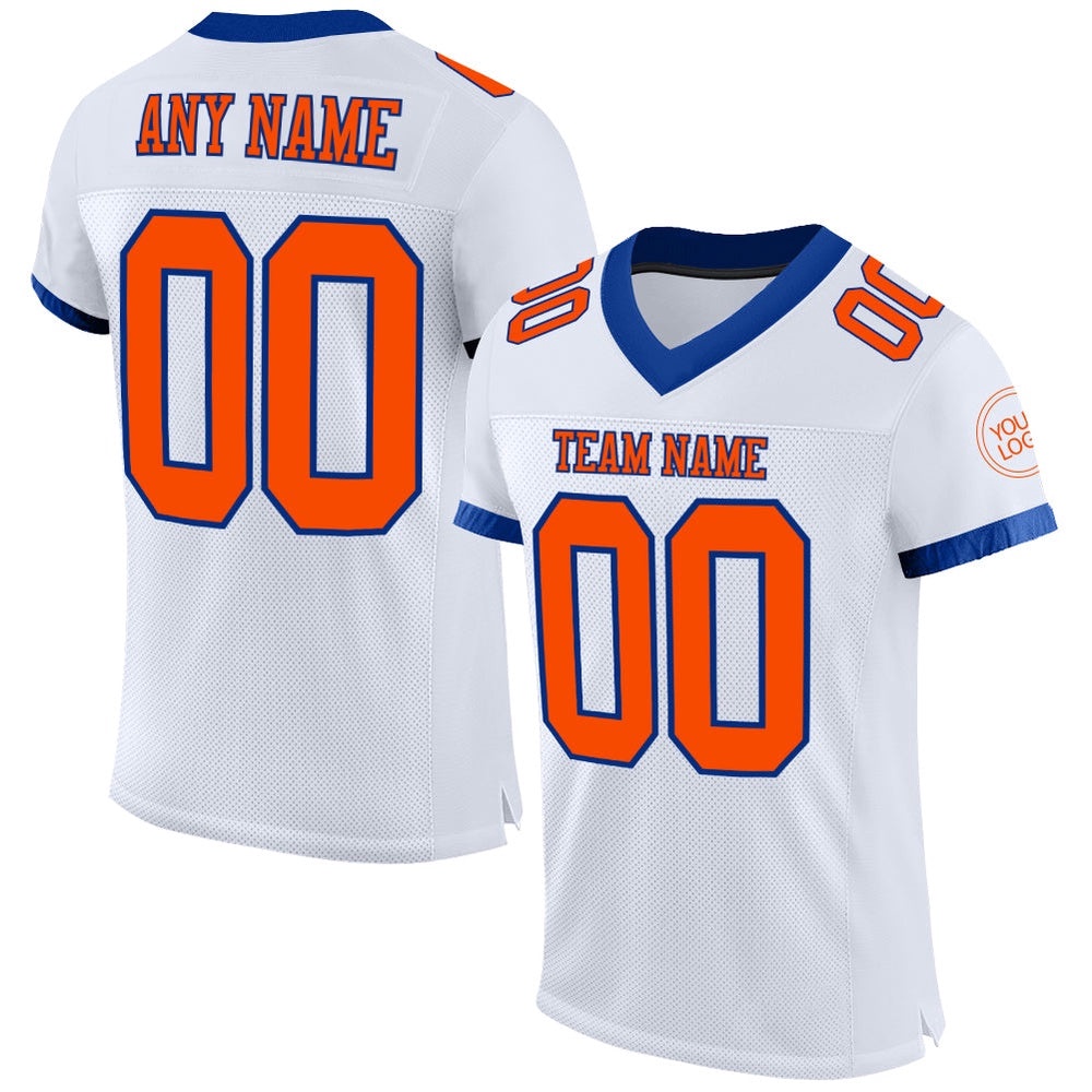 White Orange Royal Mesh Authentic Football Jersey, Personalized Football Jersey, Football Team Jersey, Football Outfits