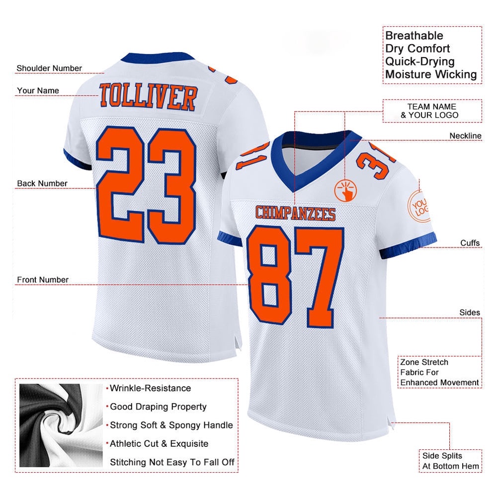 White Orange Royal Mesh Authentic Football Jersey, Personalized Football Jersey, Football Team Jersey, Football Outfits