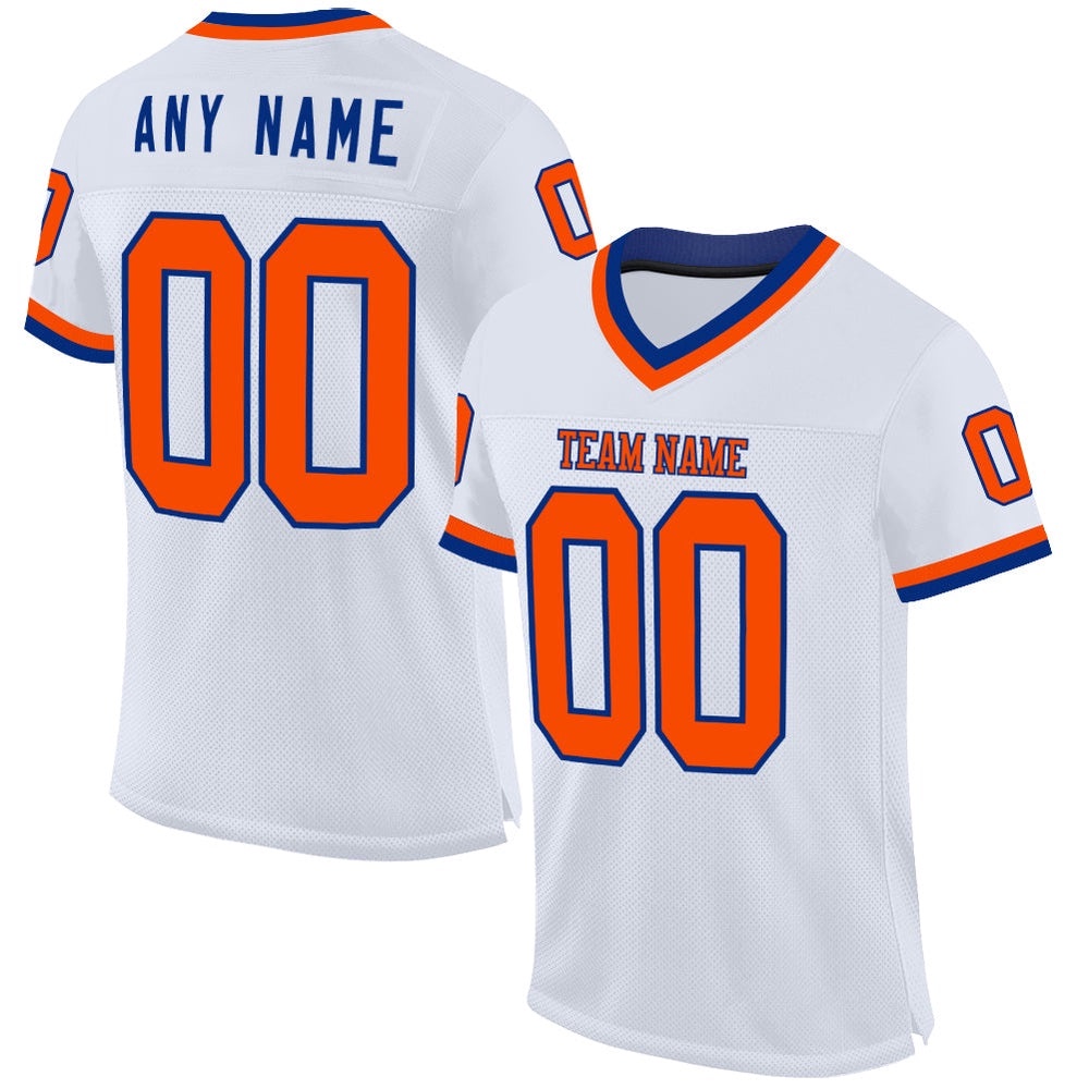 White Orange Royal Mesh Authentic Throwback Football Jersey, Personalized Football Jersey, Football Team Jersey, Football Outfits