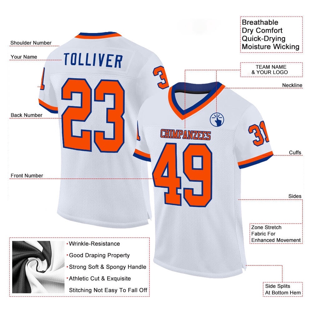 White Orange Royal Mesh Authentic Throwback Football Jersey, Personalized Football Jersey, Football Team Jersey, Football Outfits
