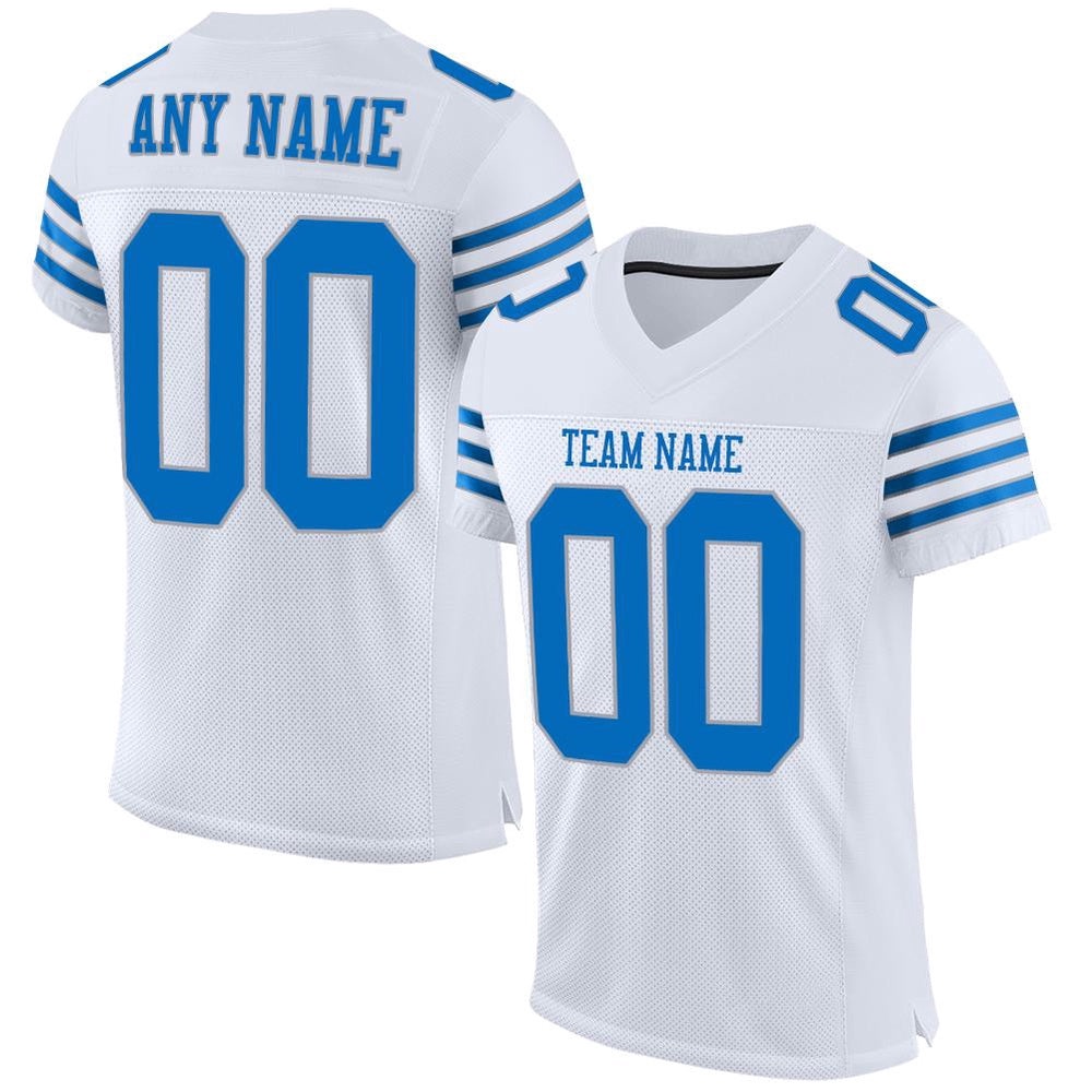 White Panther Blue Light Gray Mesh Authentic Football Jersey, Personalized Football Jersey, Football Team Jersey, Football Outfits
