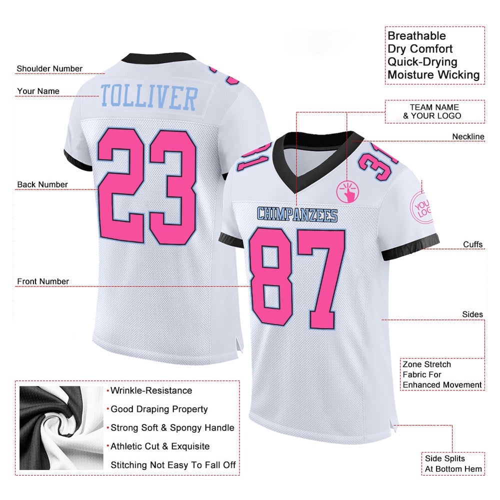 White Pink Black Light Blue Mesh Authentic Football Jersey, Personalized Football Jersey, Football Team Jersey, Football Outfits