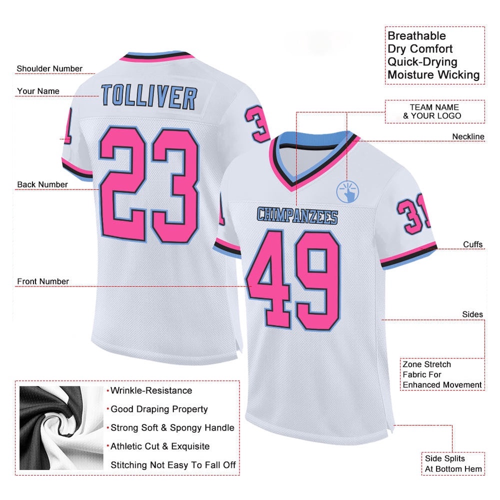 White Pink Black Light Blue Mesh Authentic Throwback Football Jersey, Personalized Football Jersey, Football Team Jersey, Football Outfits