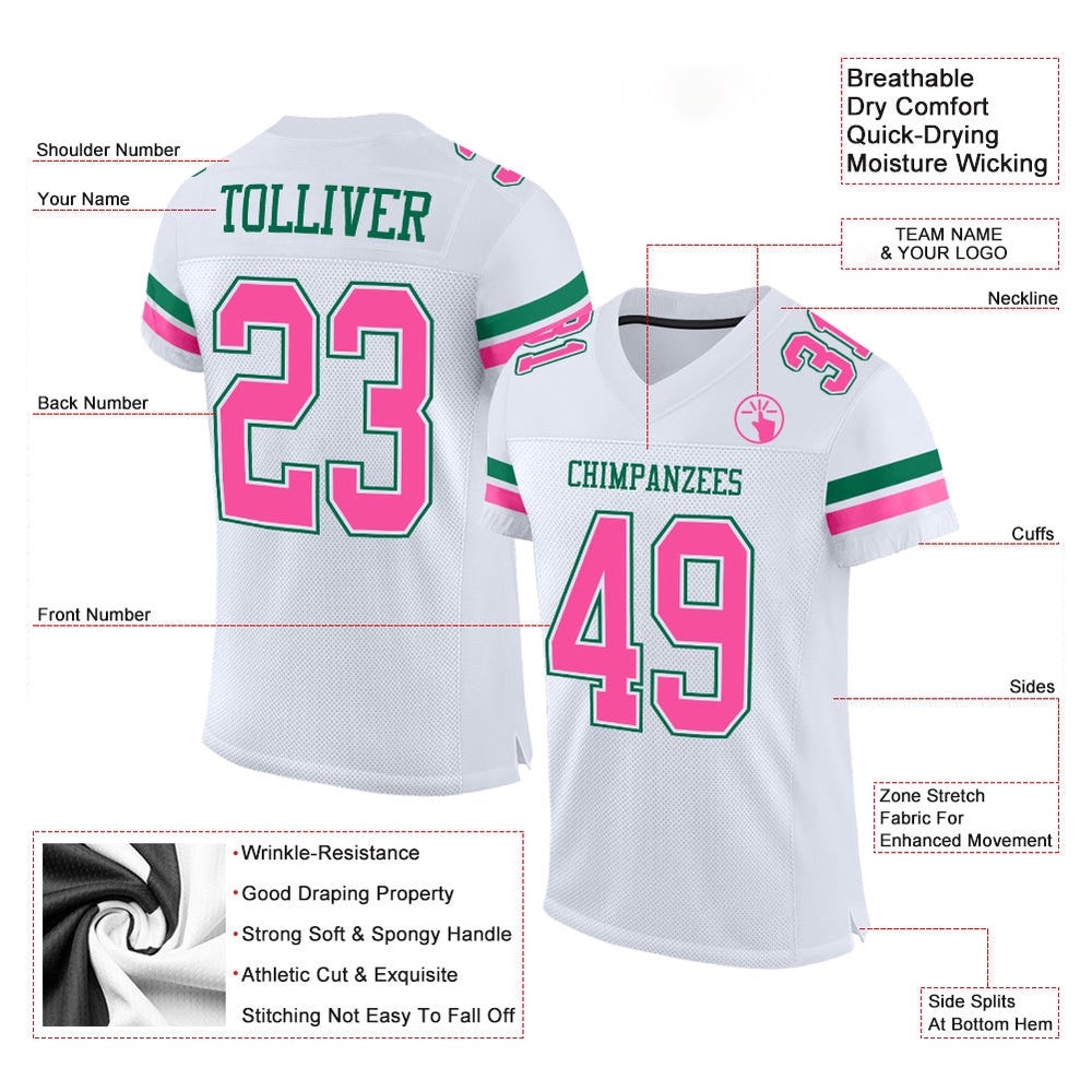 White Pink Kelly Green Mesh Authentic Football Jersey, Personalized Football Jersey, Football Team Jersey, Football Outfits