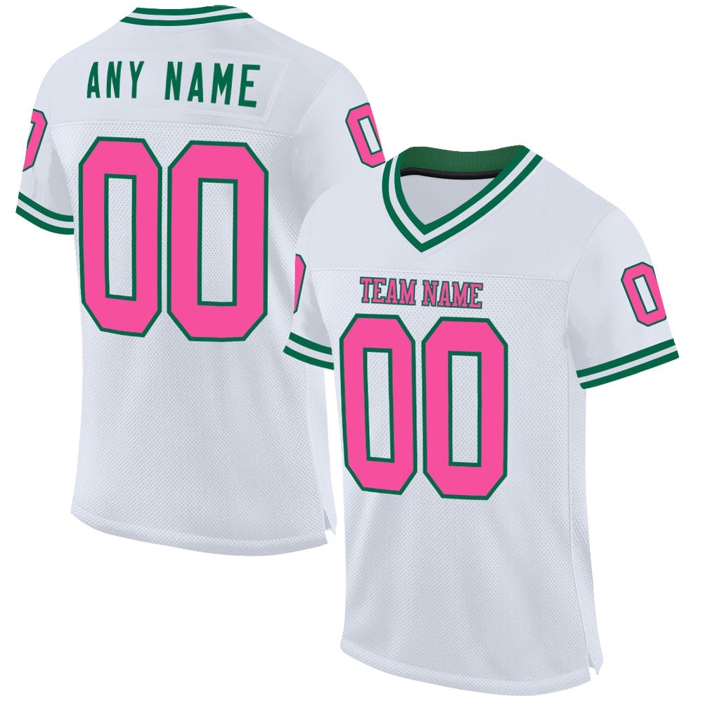 White Pink Kelly Green Mesh Authentic Throwback Football Jersey, Personalized Football Jersey, Football Team Jersey, Football Outfits