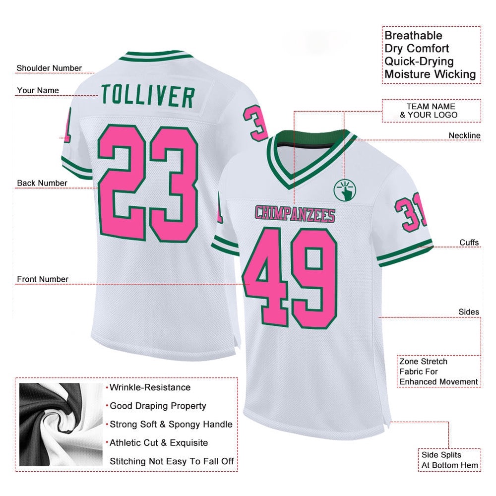 White Pink Kelly Green Mesh Authentic Throwback Football Jersey, Personalized Football Jersey, Football Team Jersey, Football Outfits