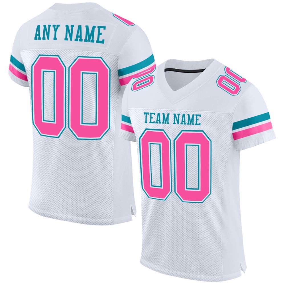 White Pink Teal Mesh Authentic Football Jersey, Personalized Football Jersey, Football Team Jersey, Football Outfits