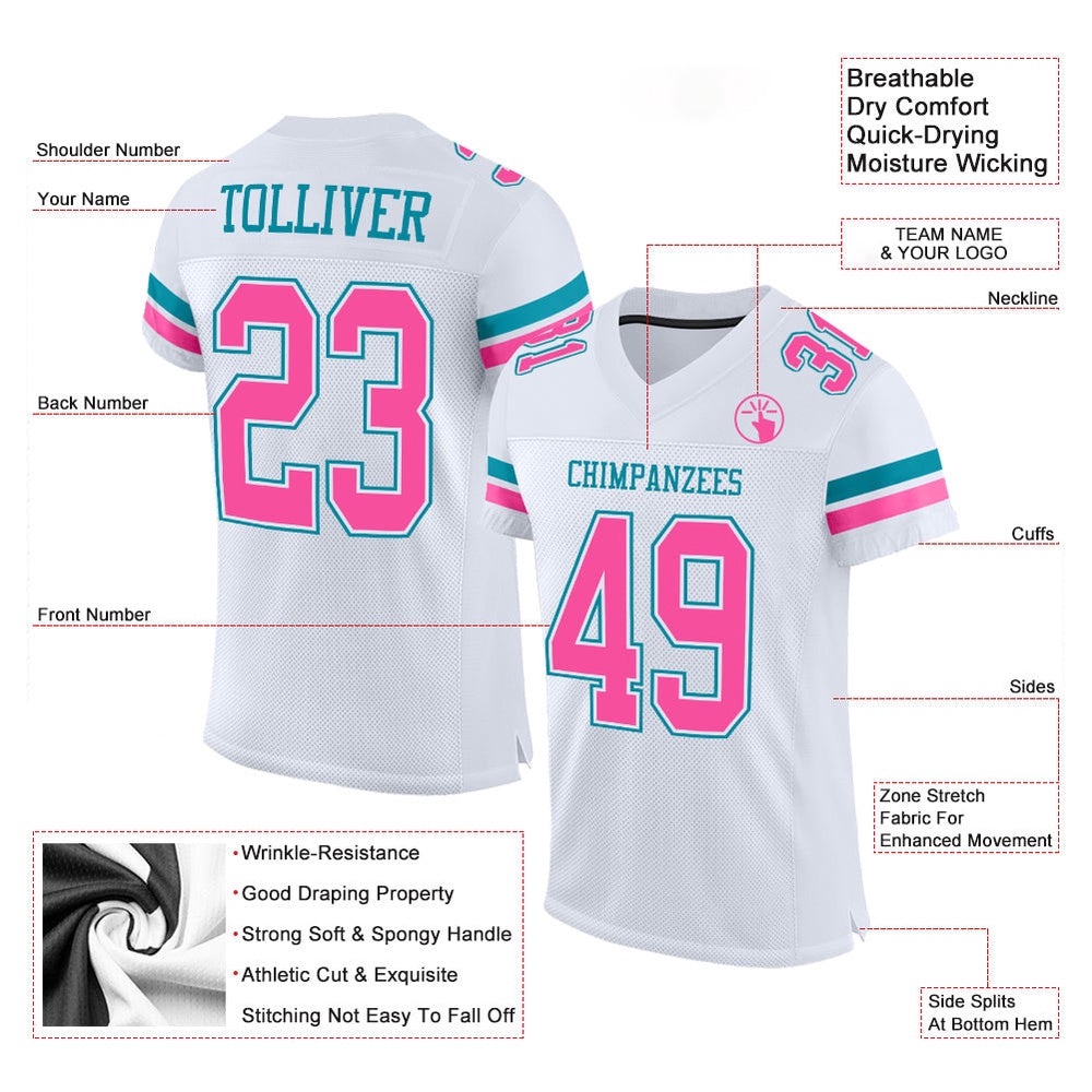 White Pink Teal Mesh Authentic Football Jersey, Personalized Football Jersey, Football Team Jersey, Football Outfits