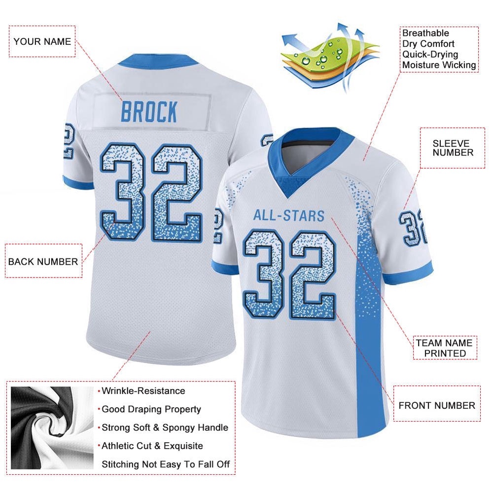 White Powder Blue Black Mesh Drift Fashion Football Jersey, Personalized Football Jersey, Football Team Jersey, Football Outfits