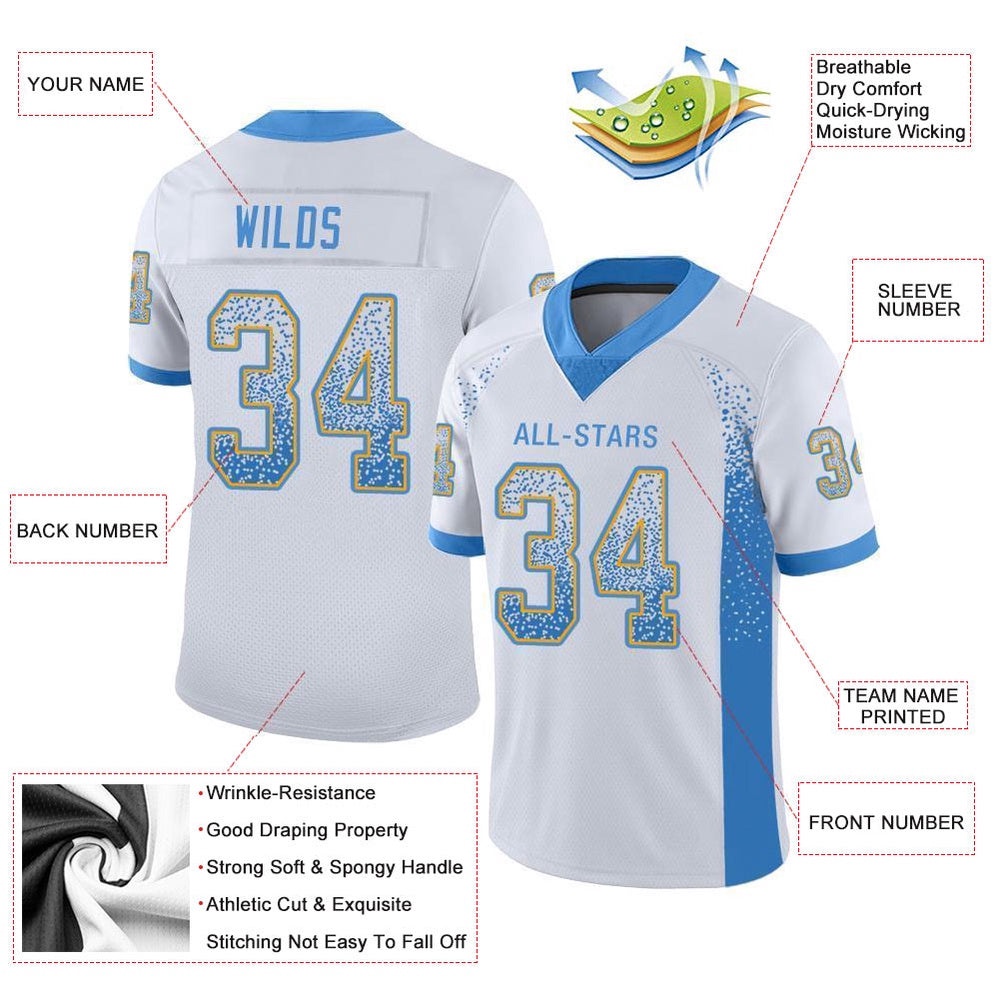 White Powder Blue Gold Mesh Drift Fashion Football Jersey, Personalized Football Jersey, Football Team Jersey, Football Outfits