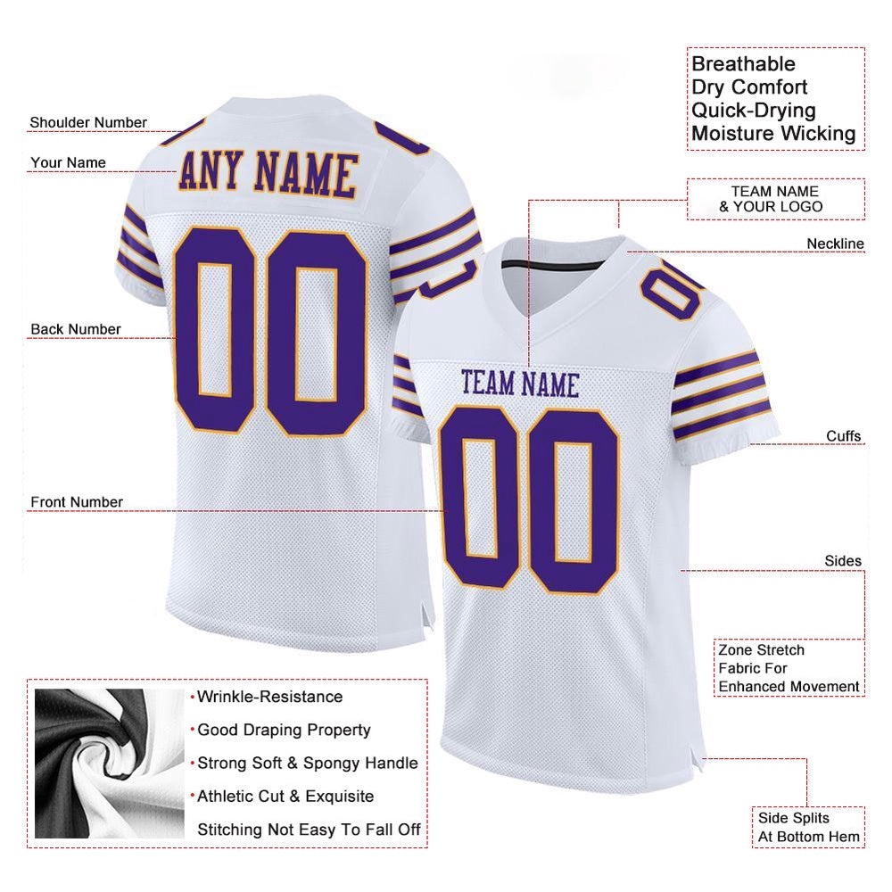 White Purple Gold Mesh Authentic Football Jersey, Personalized Football Jersey, Football Team Jersey, Football Outfits