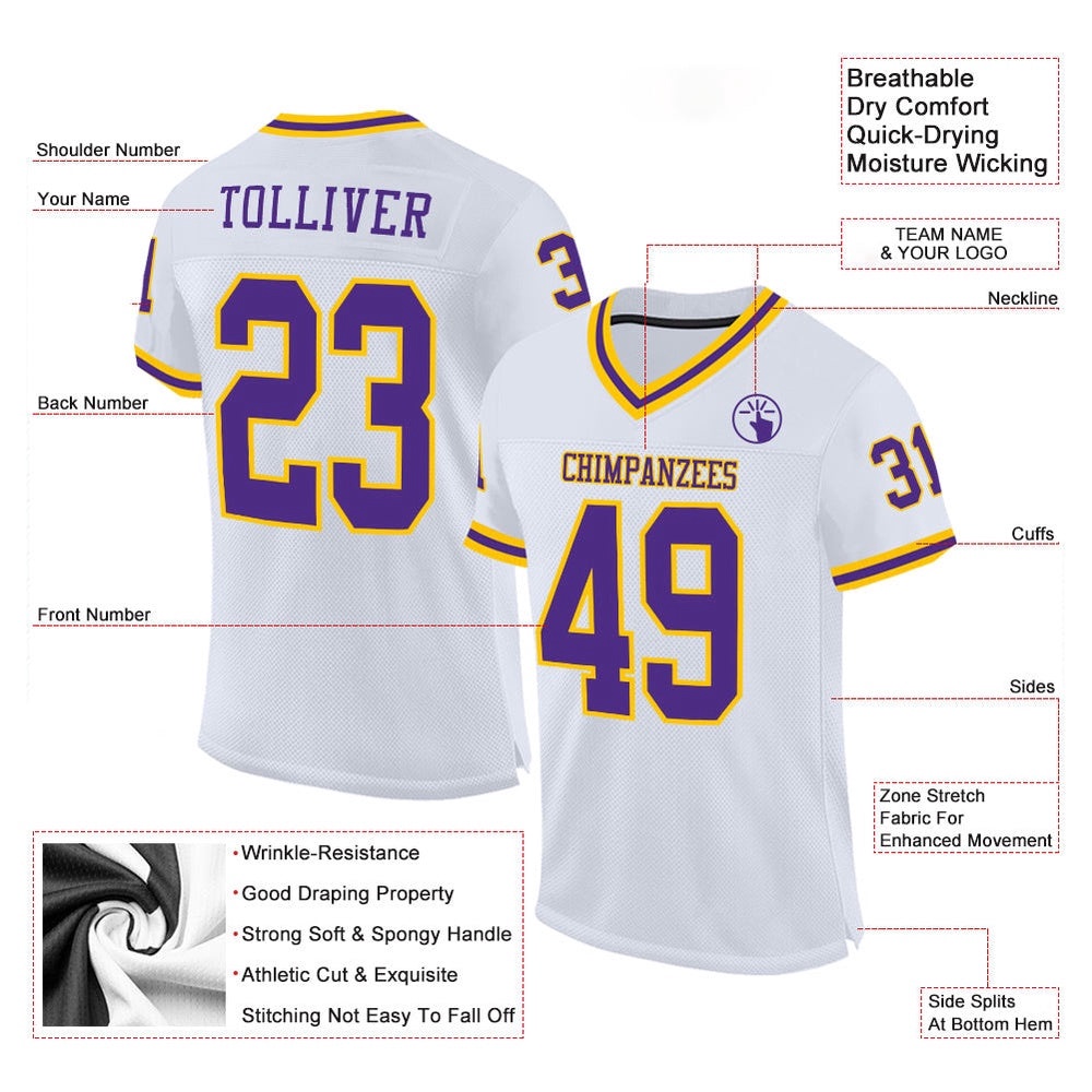 White Purple Gold Mesh Authentic Throwback Football Jersey, Personalized Football Jersey, Football Team Jersey, Football Outfits