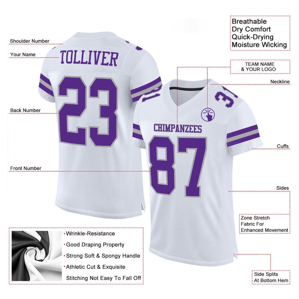White Purple Gray Mesh Authentic Football Jersey, Personalized Football Jersey, Football Team Jersey, Football Outfits