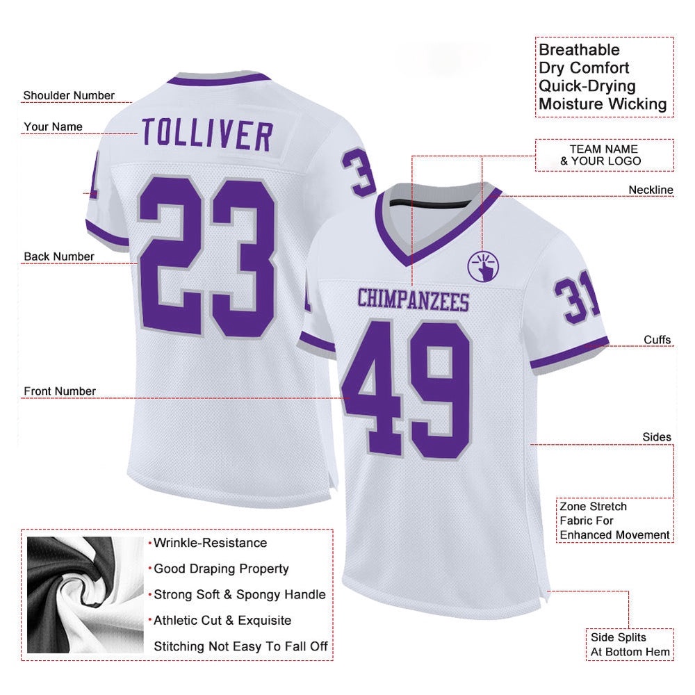 White Purple Gray Mesh Authentic Throwback Football Jersey, Personalized Football Jersey, Football Team Jersey, Football Outfits