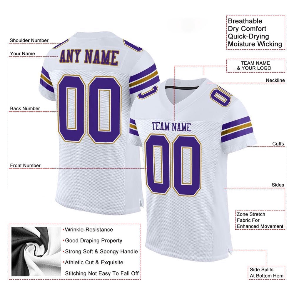 White Purple Old Gold Mesh Authentic Football Jersey, Personalized Football Jersey, Football Team Jersey, Football Outfits