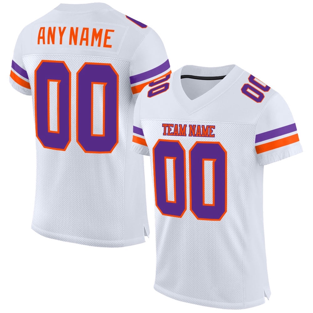 White Purple Orange Mesh Authentic Football Jersey, Personalized Football Jersey, Football Team Jersey, Football Outfits